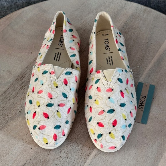 TOMS Womens Shoes Belmont Size 7.5 Natural Tree Lights Christmas Holiday New - Picture 2 of 13